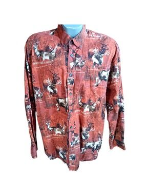 Men's Large Redhead Deer Print Button Oxford Long Sleeve Shirt Hunting Outdoor